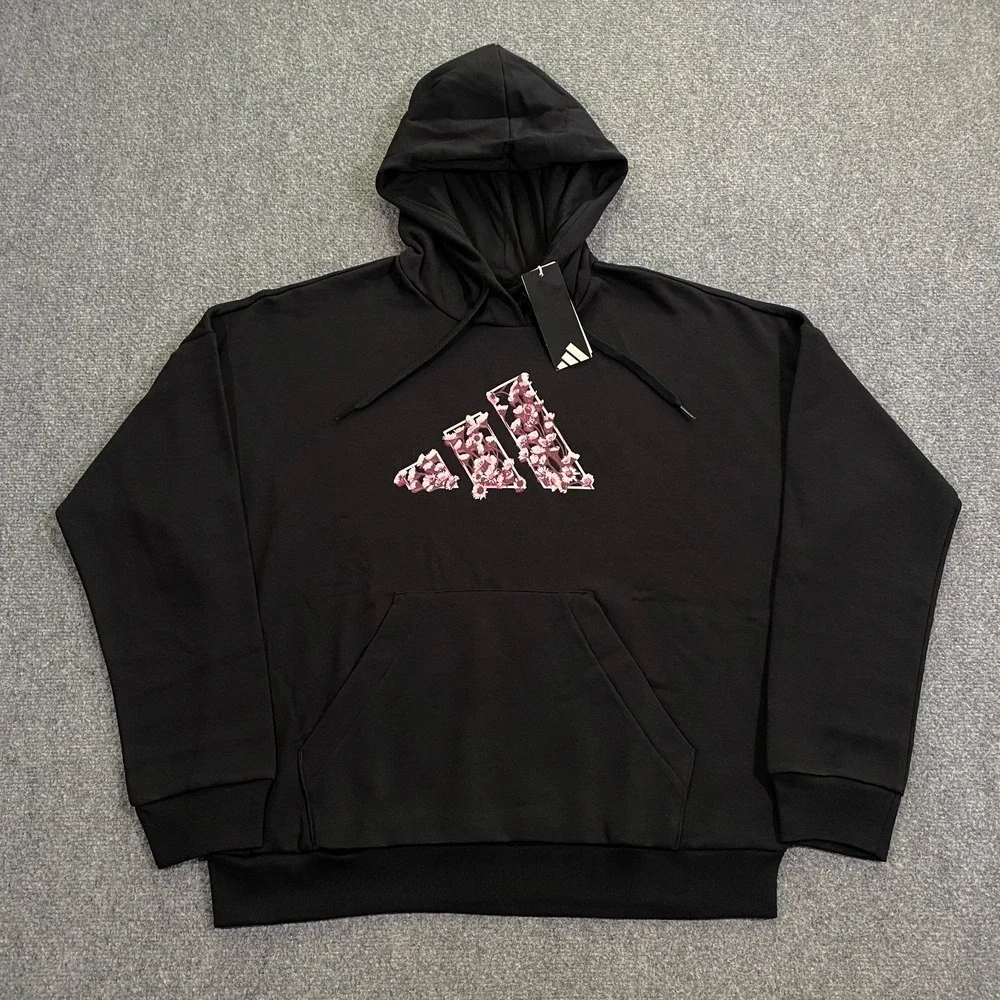 Adidas Trefoil Floral Logo Hoodie Womens M Black Pink  Flowers Pullover Fleece